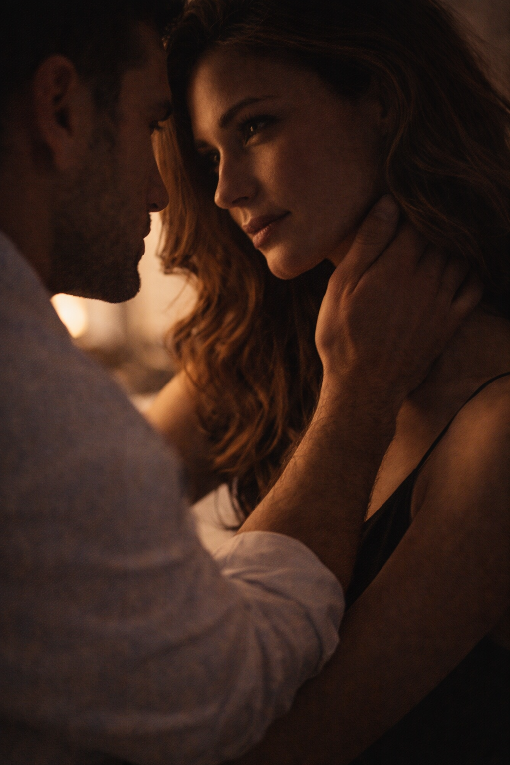 Moment de proximité respectueuse illustrant le consentement et la confiance dans une rencontre haut de gamme