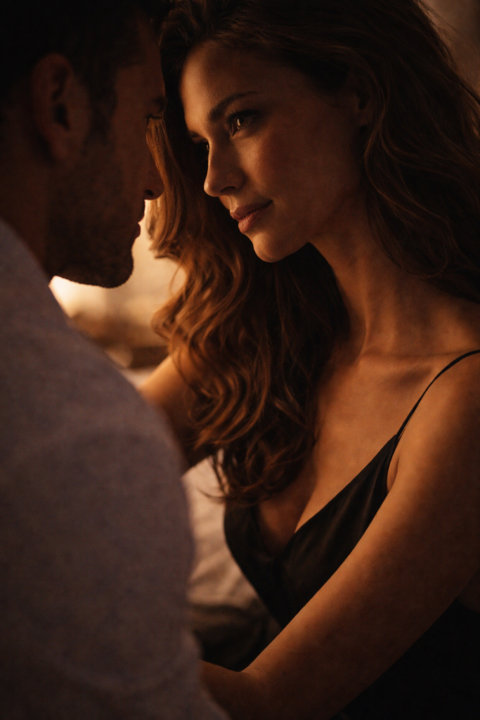 Regard intense et rapproché suggérant une connexion silencieuse dans une atmosphère élégante et intime