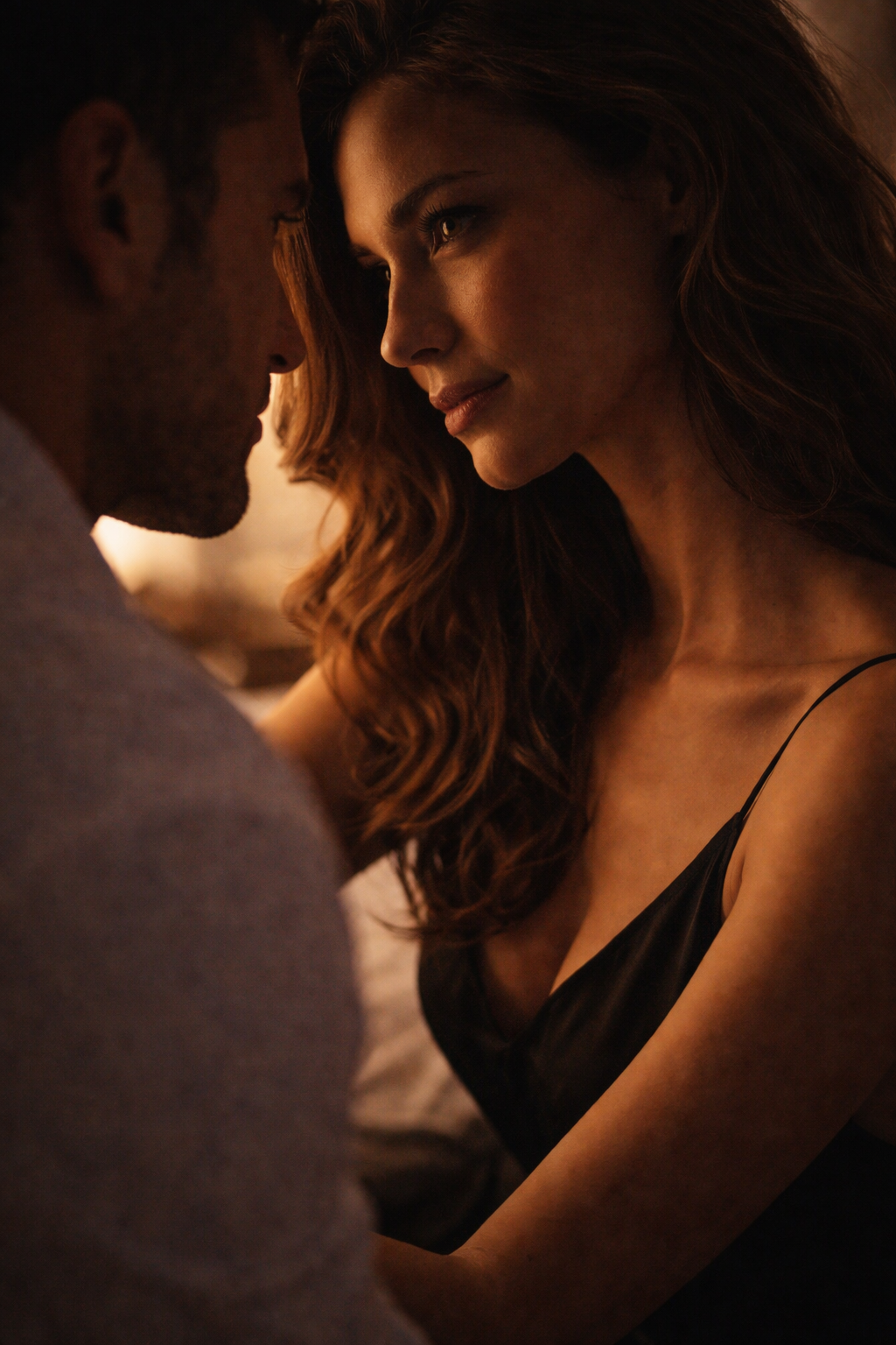 Regard intense et rapproché suggérant une connexion silencieuse dans une atmosphère élégante et intime